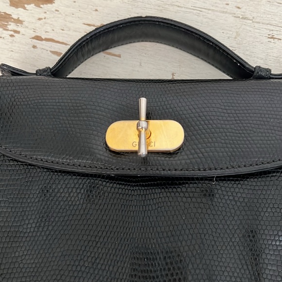 Vintage 60s 70s  Gucci Black Leather Women's Bag lizard skin purse - Picture 11 of 16